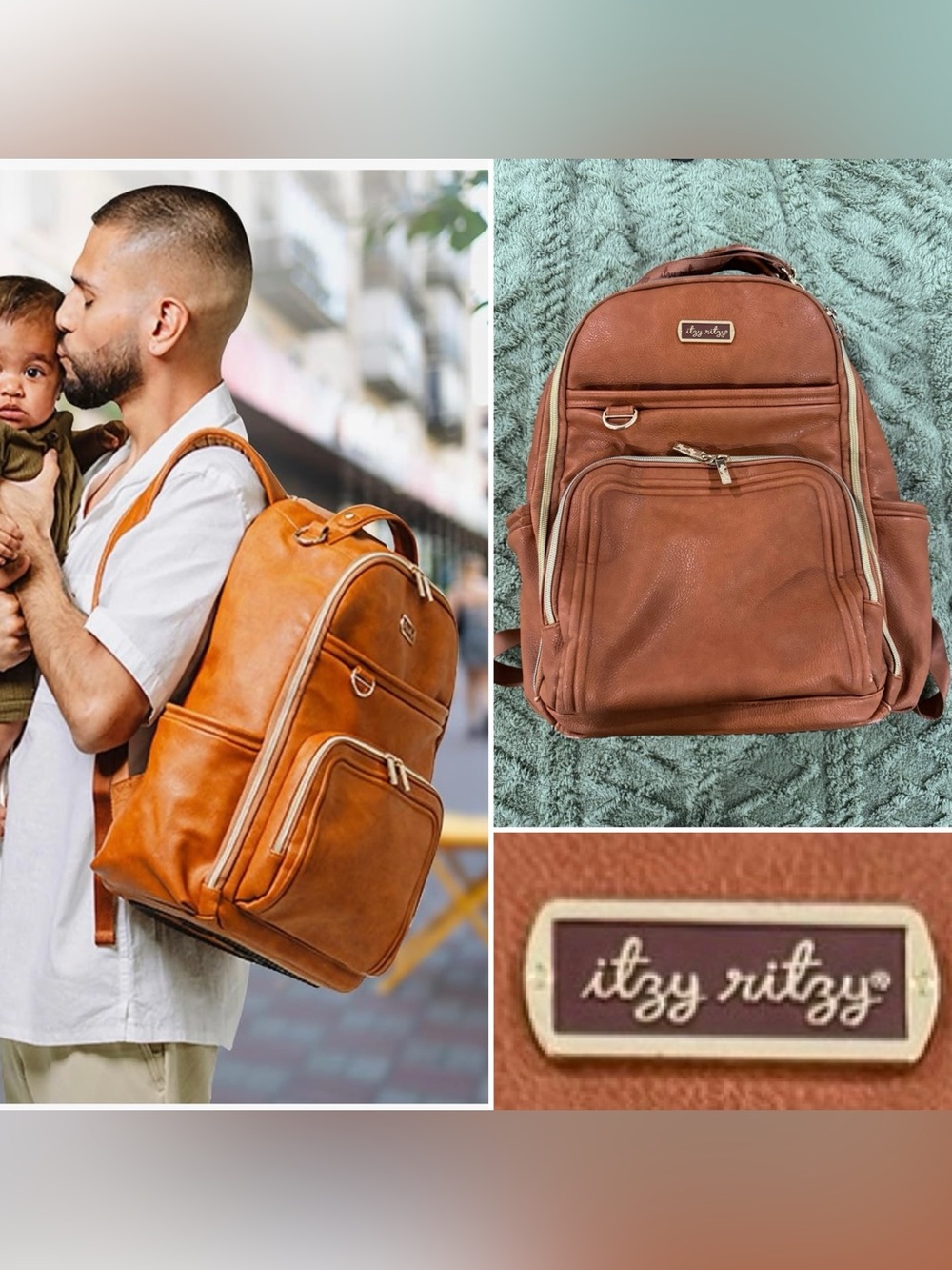 Itzy Ritzy Leather Diaper Backpack Cognac Brown Large Capacity Boss Plus